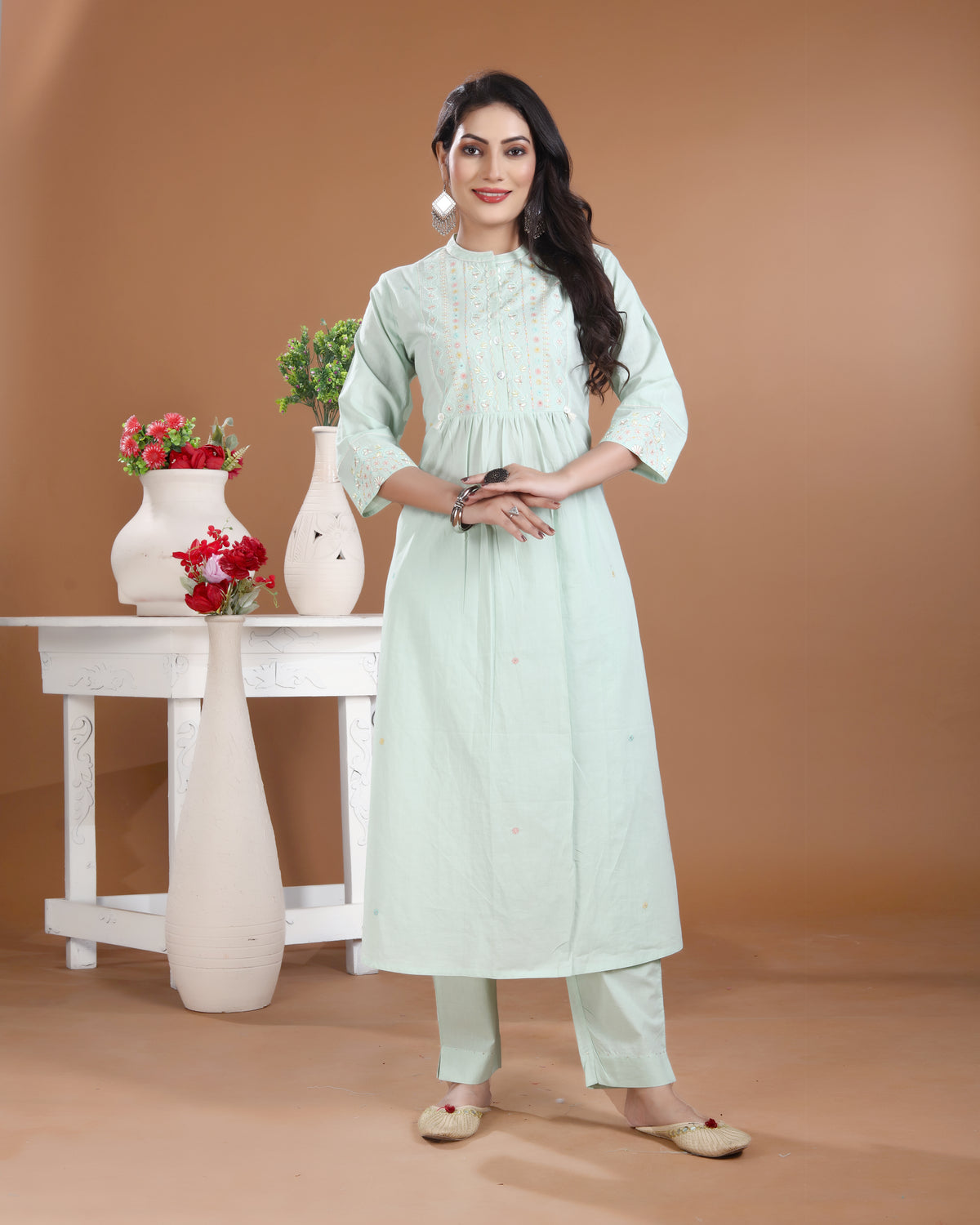 Light Mint Embroidered Cotton Kurti Set