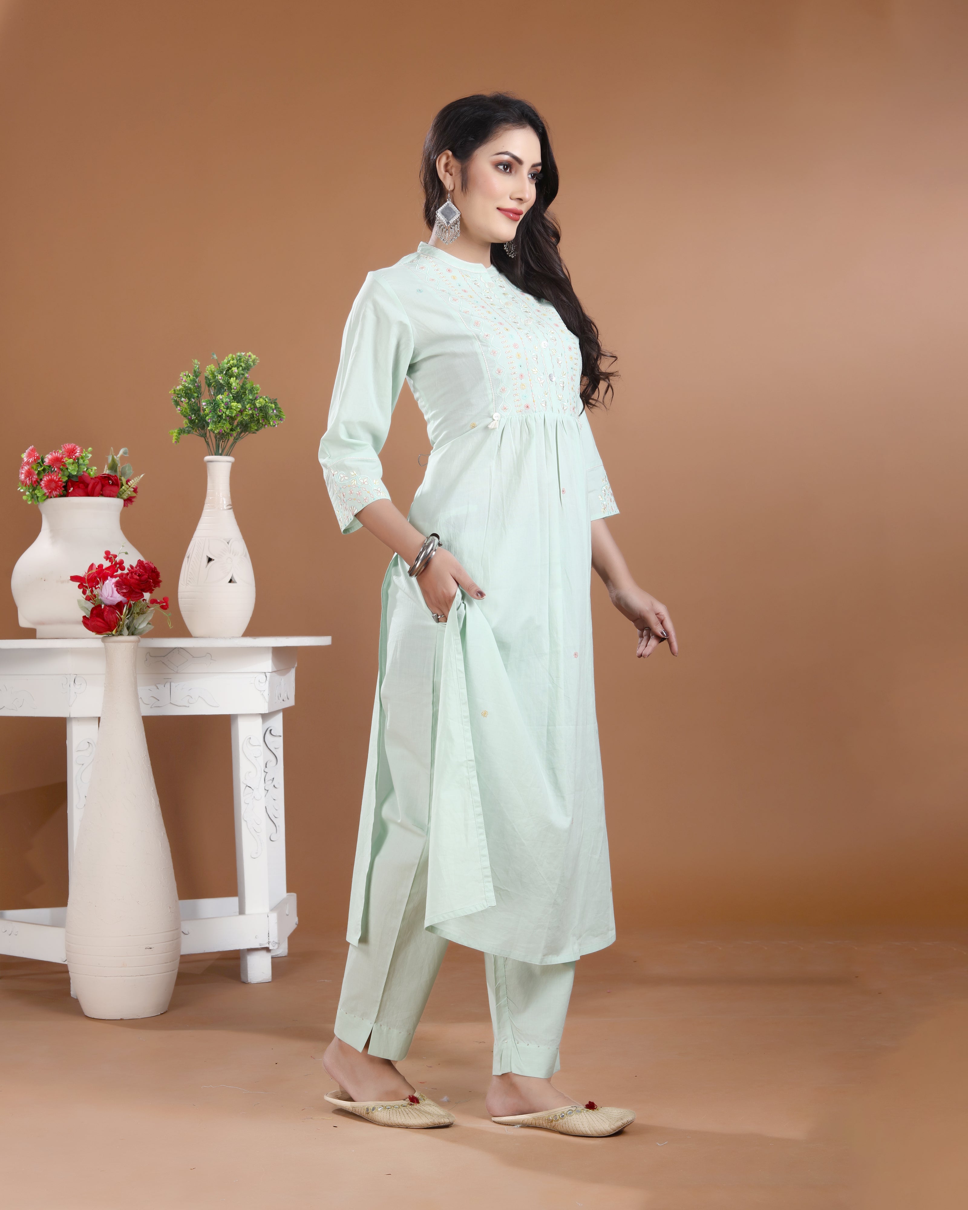 Light Mint Embroidered Cotton Kurti Set