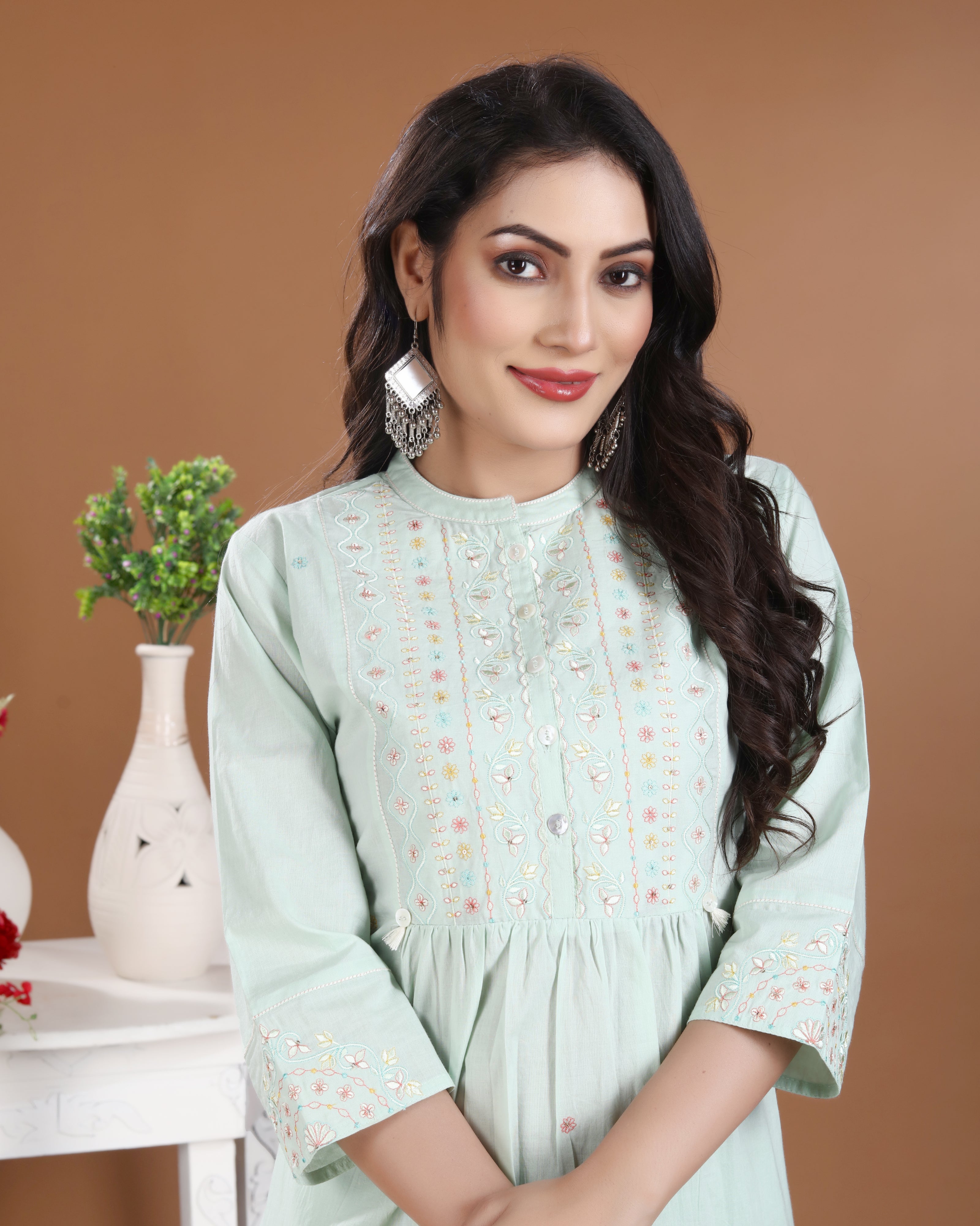 Light Mint Embroidered Cotton Kurti Set