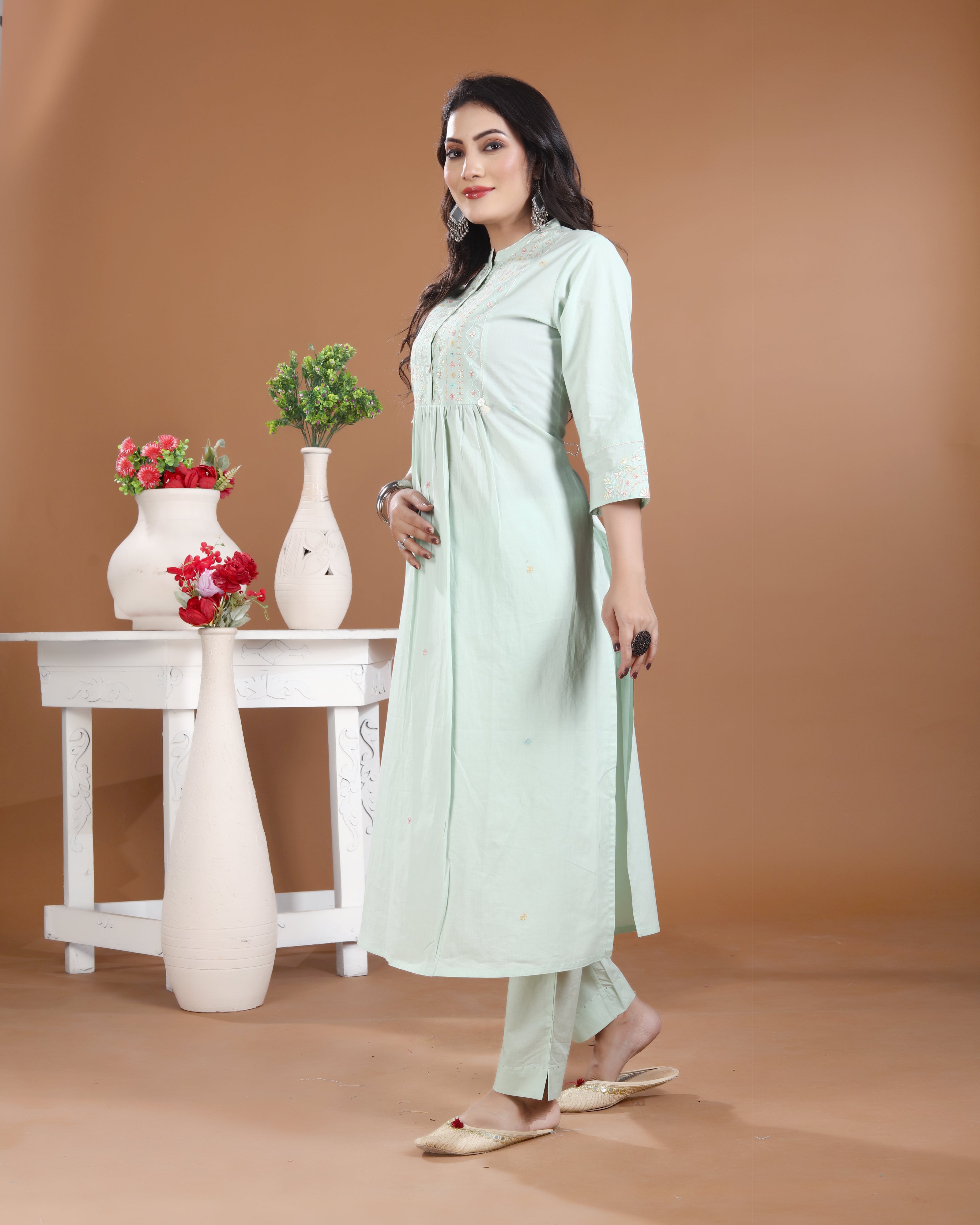 Light Mint Embroidered Cotton Kurti Set