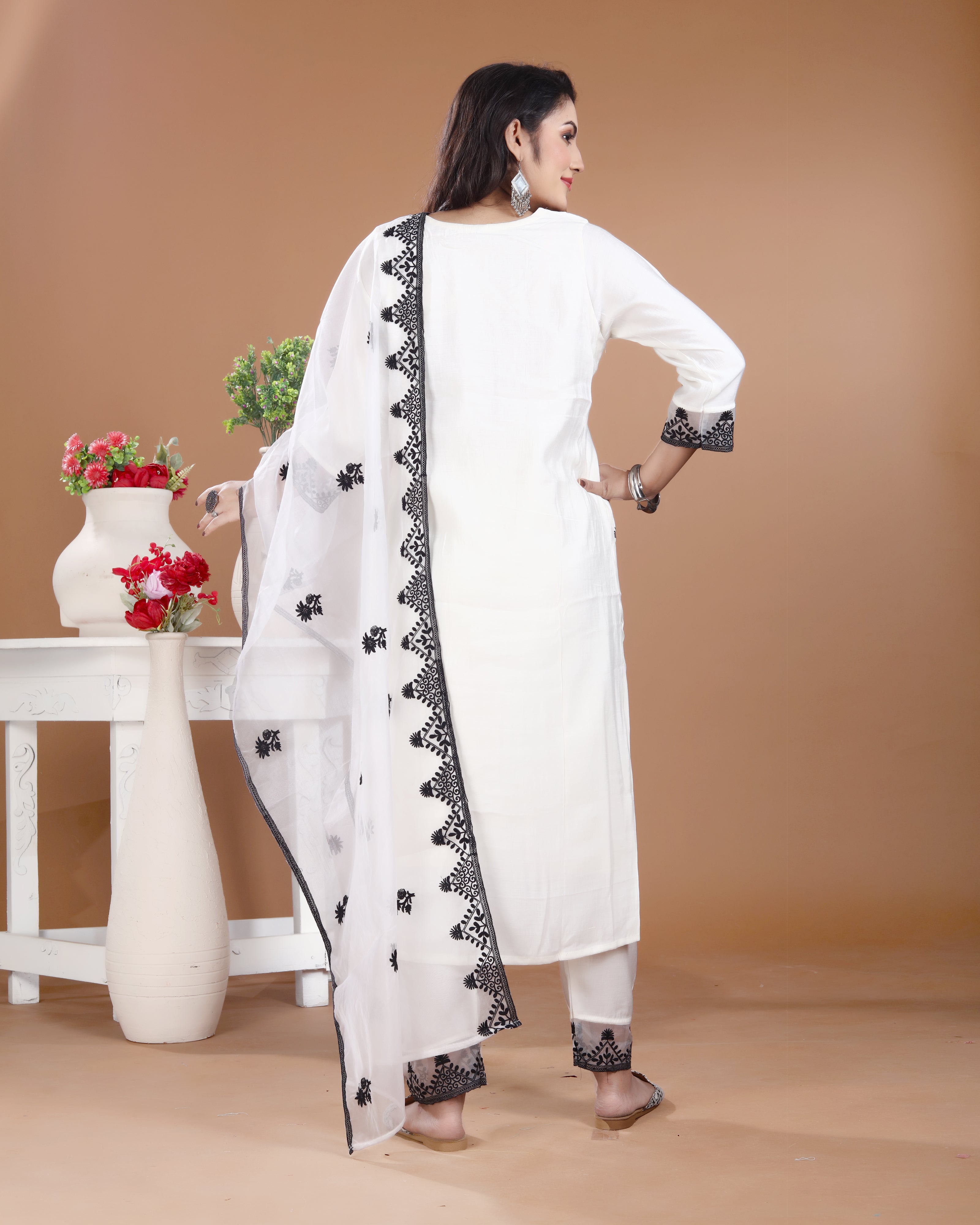 Off-White Black Maslin Silk Kurti Set