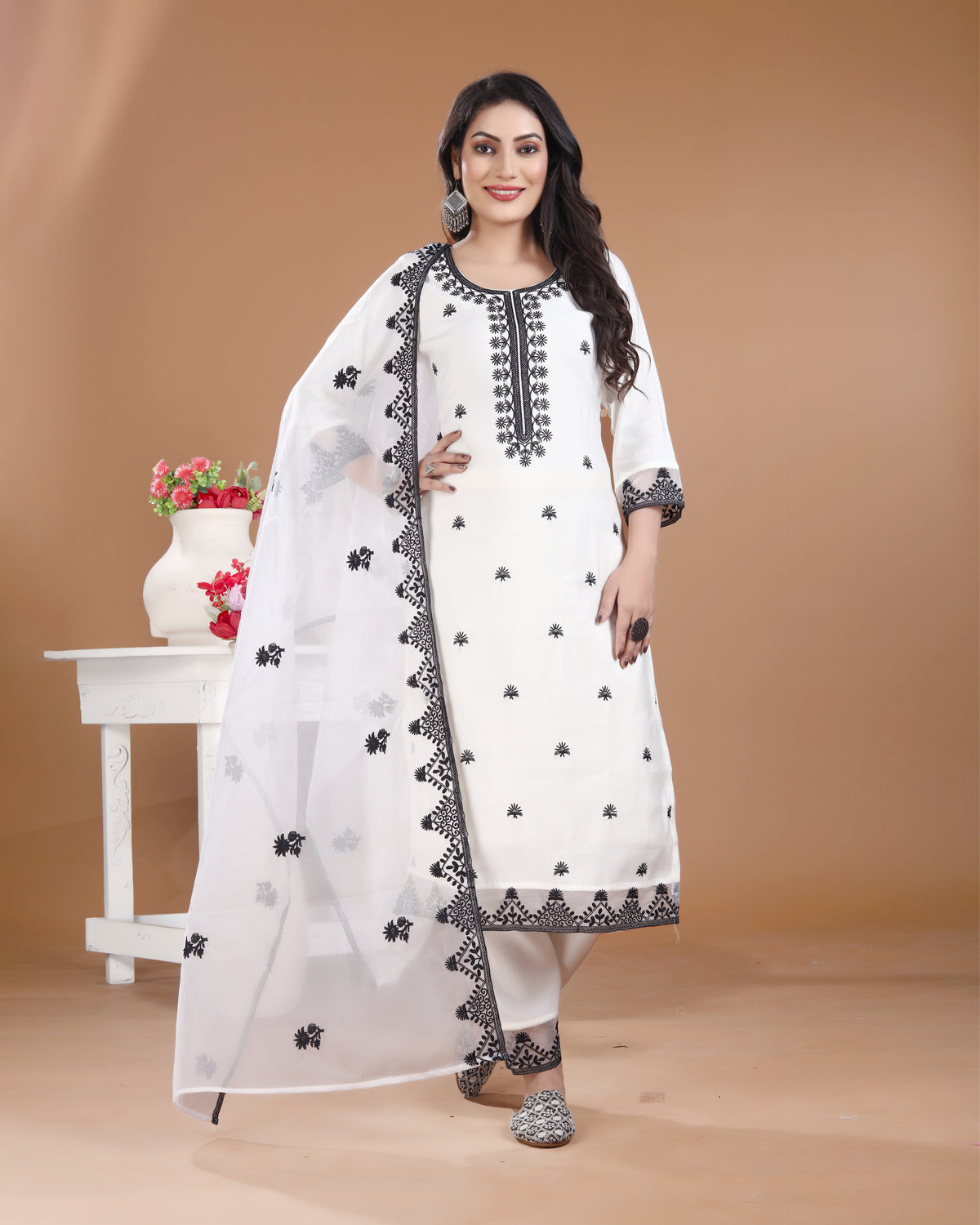 Off-White Black Maslin Silk Kurti Set