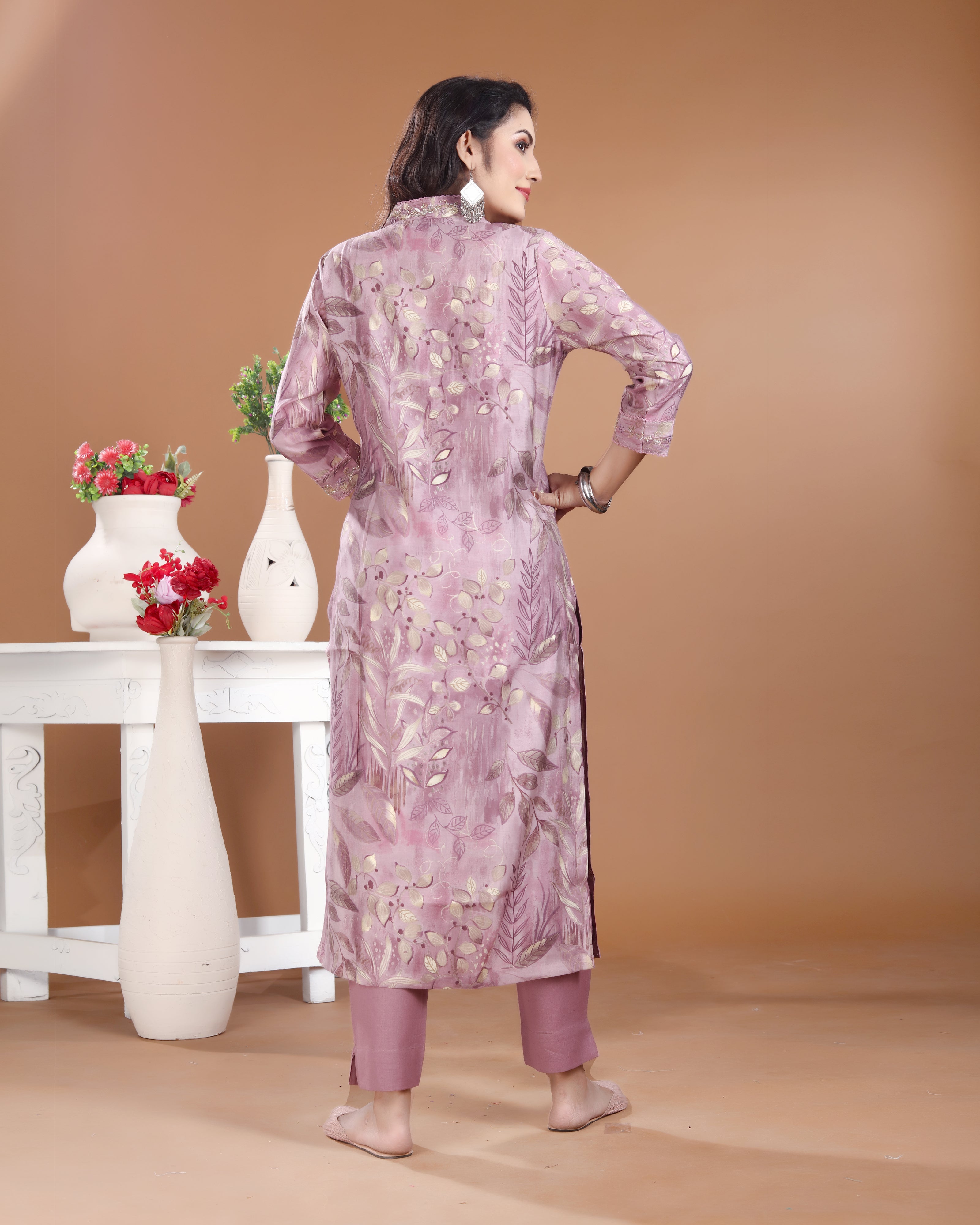 Lavender V-Neck Cotton Kurti Set