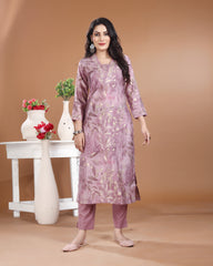 Lavender V-Neck Cotton Kurti Set