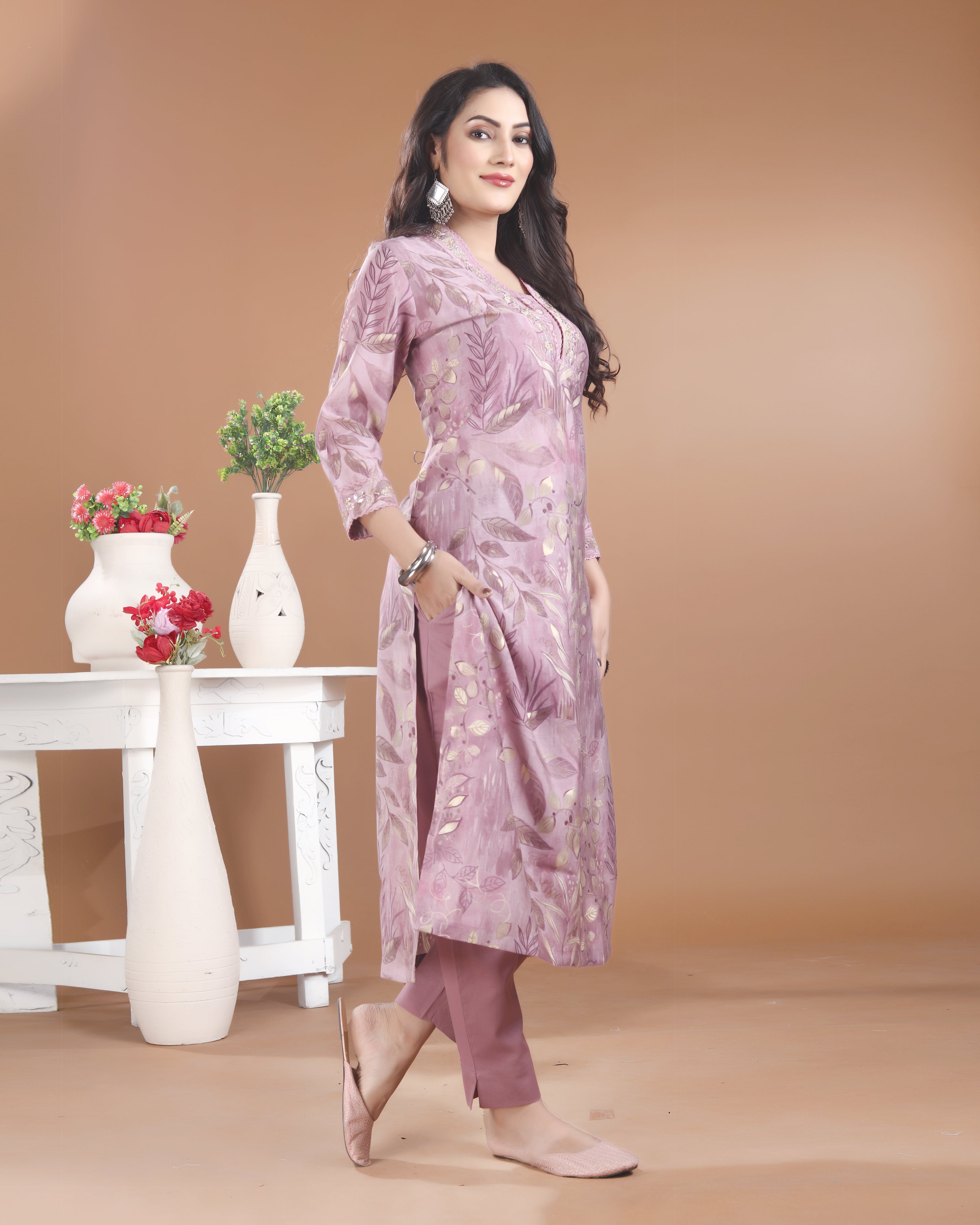 Lavender V-Neck Cotton Kurti Set