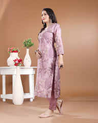 Lavender V-Neck Cotton Kurti Set