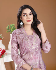 Lavender V-Neck Cotton Kurti Set