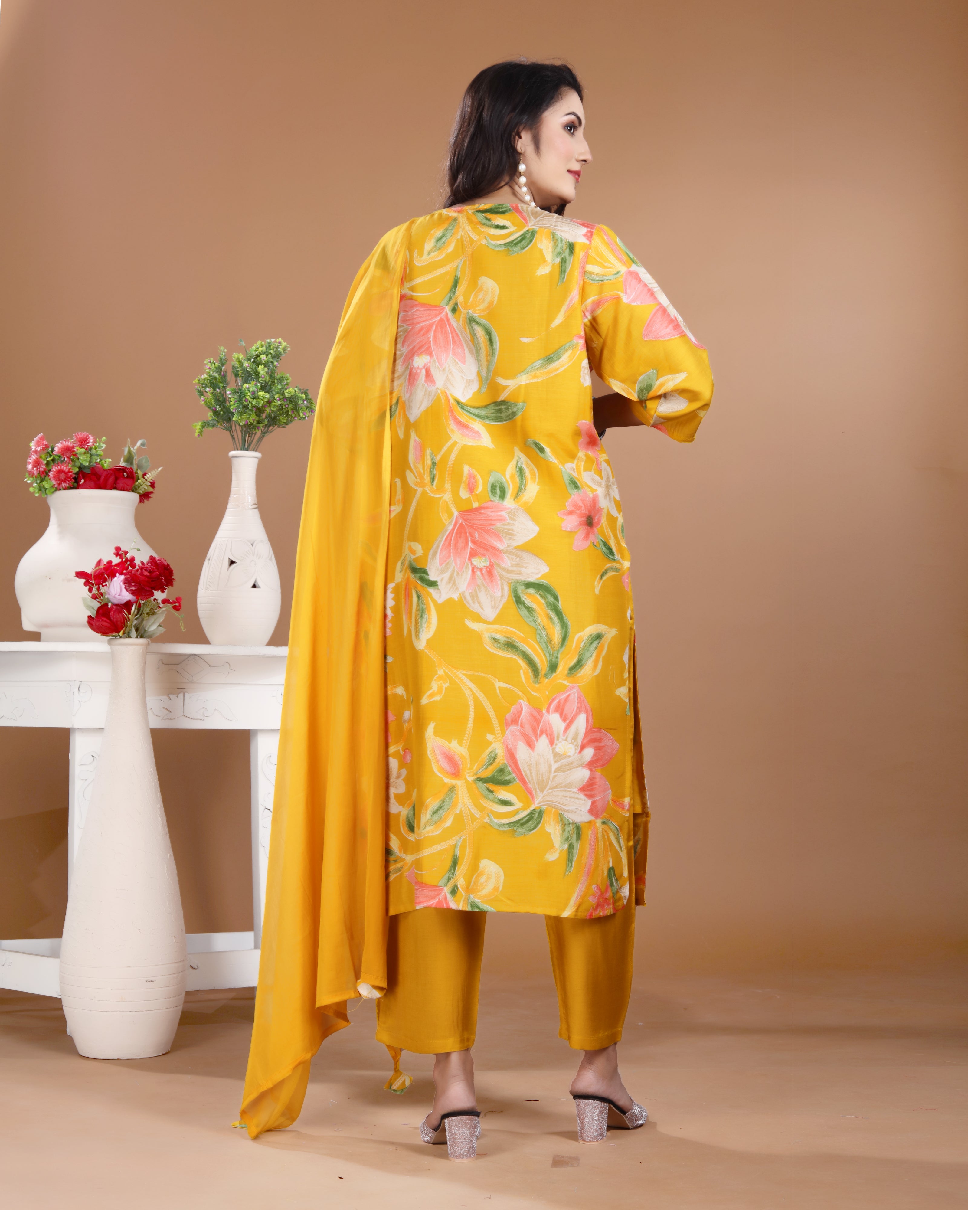 Mustard Gold Fulkari Upada Silk Kurti Set