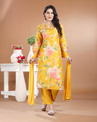 Mustard Gold Fulkari Upada Silk Kurti Set