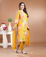 Mustard Gold Fulkari Upada Silk Kurti Set