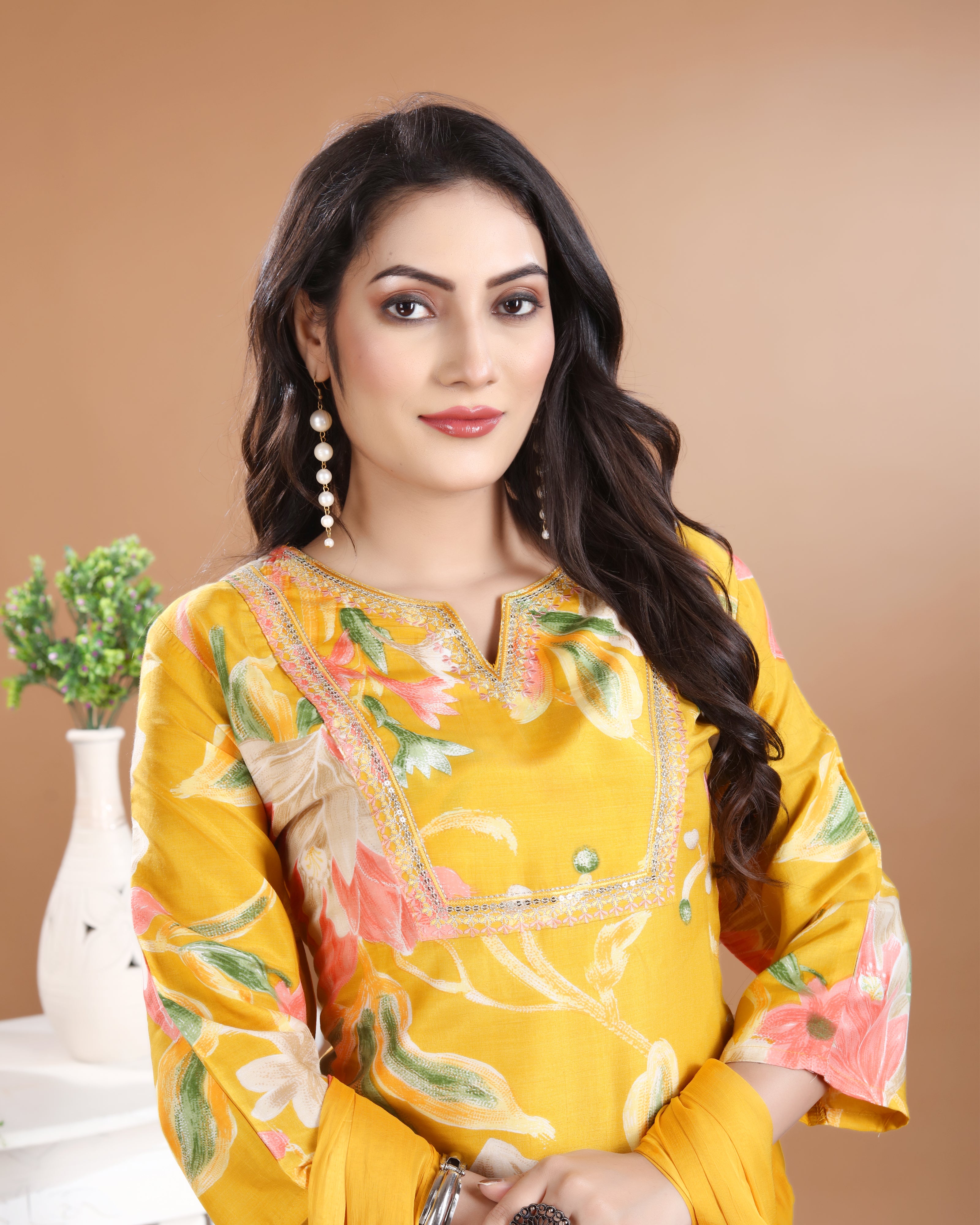 Mustard Gold Fulkari Upada Silk Kurti Set