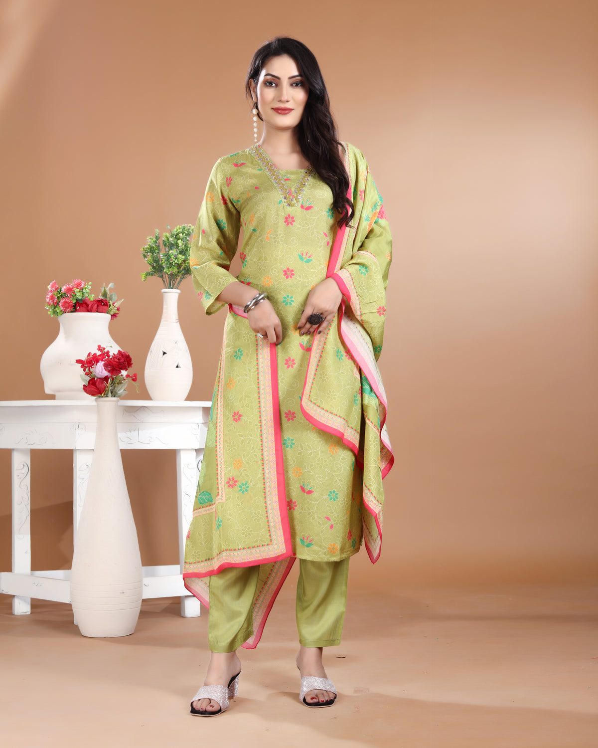 Pista Green Art Silk V-Neck Kurti Set