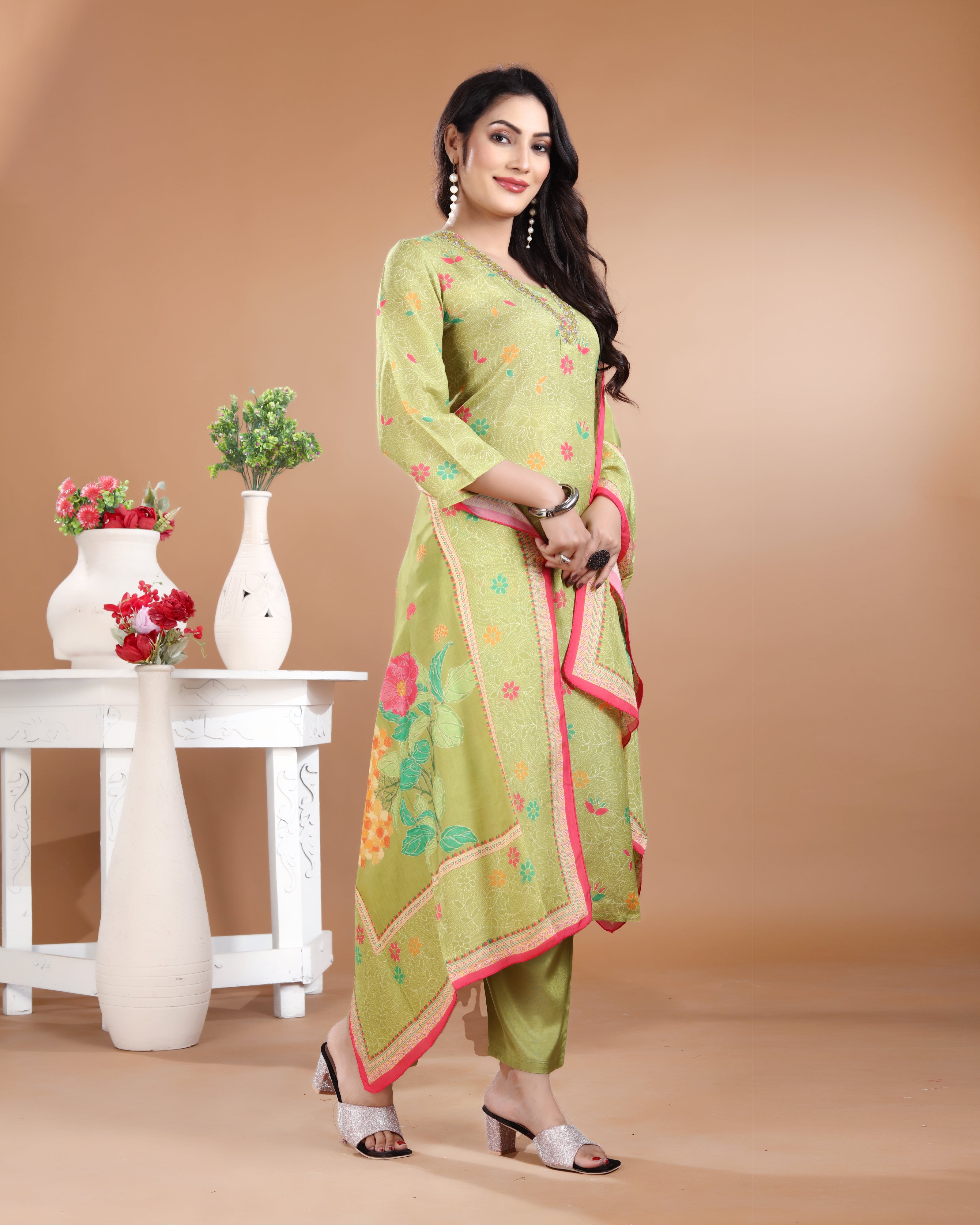 Pista Green Art Silk V-Neck Kurti Set