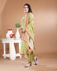 Pista Green Art Silk V-Neck Kurti Set