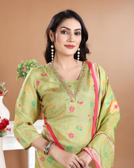 Pista Green Art Silk V-Neck Kurti Set