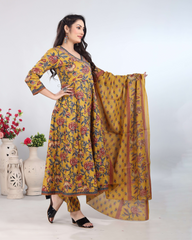 Mustard Gold Dhaabu Print Kurti Set